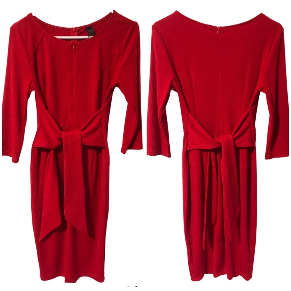 Vfshow Vfemage Red Body-con Midi Dress with Self Tie Belt. Sz S.